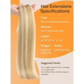 DOORES Sew in Hair Extensions Real Human Hair, Dark Blonde Highlighted Bleach Blonde 16 Inch 100g, Straight Natural Weave