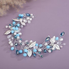 Teyglen Silver Leaf Blue Crystal Hair Vine Bridal Rhinestone Headband Handmade Crystal Pearl Hair Piece Leaf Headpiece Wedding Hair Accessories for Women (Lake blue)