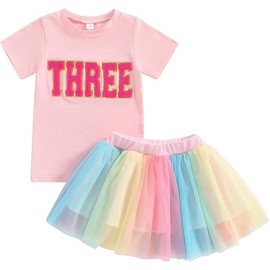 ATCTBOGFS Toddler Kids Baby Girls Birthday Outfit Two/Three/Four/Five/Six Embroidery T-shirt Colorful Rainbow Mesh Tulle Tutu Skirts Summer Spring Clothes 2PCS