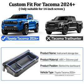 qbvk Center Console Organizer for Toyota Tacoma 2024-2025, 14-Inch Dashboard Storage Tray w/Anti-Slip Silicone Pad & Hidden Tray Accessories
