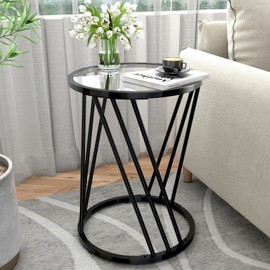 Alihdrna Round Side Table, Modern End Tables for Living Room Office Small Spaces, Glass Black End Table with Metal Frames, Nightstand for Bedroom, Bedside Furniture, Easy Assembly