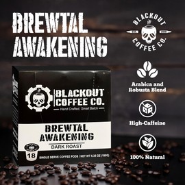 Blackout Coffee Brewtal Awakening Dark Roast - High Caffeine, Bold and Rich Flavor, Aromatic and Strong - Freshly Roasted in the USA - K-Cup Compatible Single-Serve Pods (18 Count)