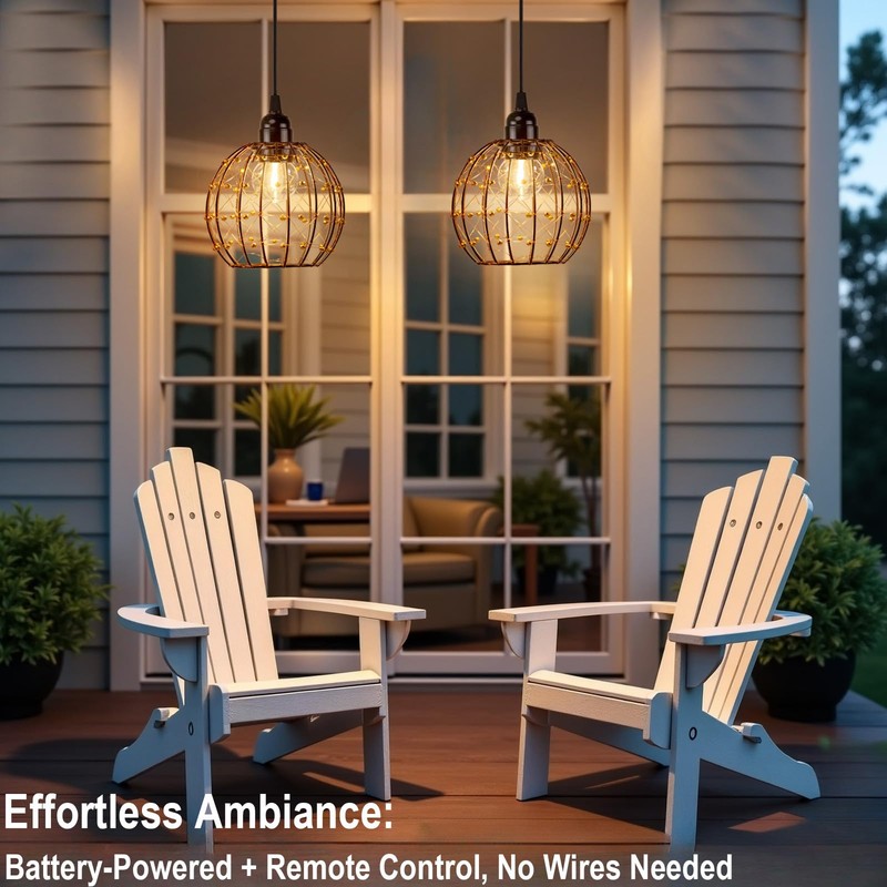 TWINKVILLA Hanging Pendant Lights, Battery Operated Outdoor Chandelier with Warm