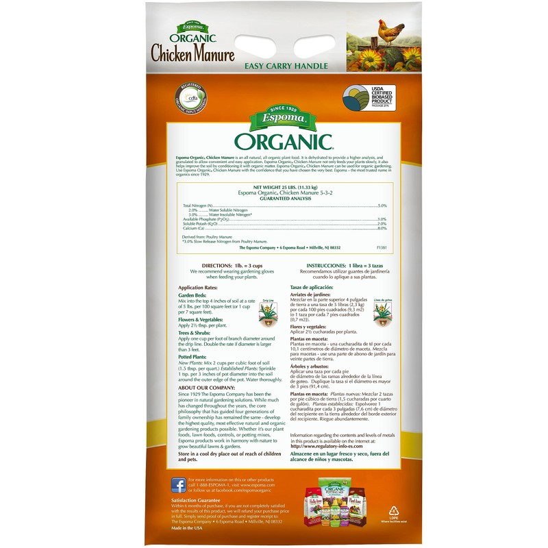 Espoma Organic Chicken Manure 25 lb. Bag. All Natural &