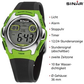 SINAR XE-50-3 Boys' Sports Watch Outdoor Digital Quartz 10 Bar with Resin Strap and Light Black Green Silver, black, stripes