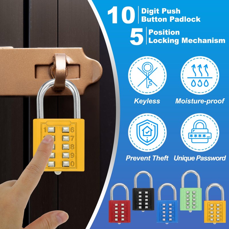 MECCANIXITY Combination Padlock, 10-Digit Push Button Padlock 5-Position Locking Mechanism