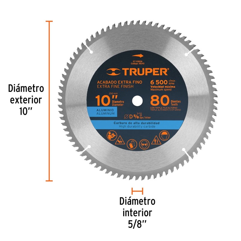 Truper ST-1080A, Disco sierra p/aluminio 10", 80 dientes, centro 5/8"