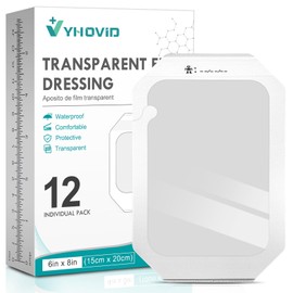 Transparent Film Dressing 6'' x 8'' Box of 12 - Waterproof Bandages for Swimming, Showering, Wounds, Post Surgical Shower or IV Shield, Tattoo Aftercare Bandage, Scar Therapy, Adhesive Patches