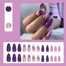 Winter Purple Almond Short Press on Nails Fake Nails Press ons Tip - YIHONGYAN Acrylic Kit Glossy Full Cover Nails Gold rhinestone Design Glue on Nail Art for Nails Women Manicure 24 Pcs/set