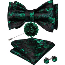 YOHOWA Mens Bow Tie Set with Lapel Pin Brooch Black Gree Silk Self Tie Bowtie Handkerchief Cufflinks Formal Wedding Party Prom