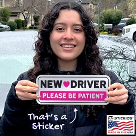 Stickios Non-Magnetic Pink New Driver Stickers - Removable Vinyl Decals for Cars & Windows - Made in USA (10.75x4 inches, 8-Pack)