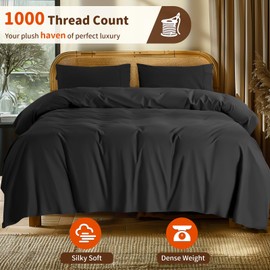 LBRO2M 1000 Thread Count 100% Egyptian Cotton Sheets Set,Queen Size Bed Sheet 4 Piece Sets,Long Staple,16 Inches Deep Pocket,All Season,Bedding Super Soft Comforterble Breathable,Sateen Weave (Black)