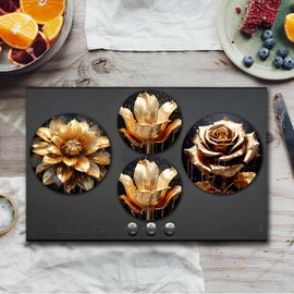 Tucocoo Golden Flowers Burner Covers,Set of 4,Lotus Floral Abstract Art Round Burner Cover Kitchen Decor Boho Pattern Classic Art Round Metal Stove Burner Covers,Two 8inch Two 10inch,Black