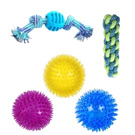 Fanney “Playful Paws 5-Pack” Dog Chew Toys Set, 5 Piece Spikey Balls and Rope Toys, Resistant Rubber Dog Toys with Soft Gum Massaging Bumps, Durable & Easy-to-Clean Dog Chew Toy Set