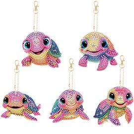 AUAUY 5 Pieces Diamond Painting Keychains, 5D DIY Turtle Diamond Art Painting Keychain Christmas Double Sided Hanging Diamond Art Kits Diamond Christmas Ornaments for Kids Crafts Decor Key Ring DIY