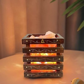 NatureBoost Himalayan Pink Salt Lamp Wooden Basket (11 inches, 13 lbs) with Natural Salt Chunks Comes with dimmer Switch and a Pair of Bulb, (Brown Metal Engraved)