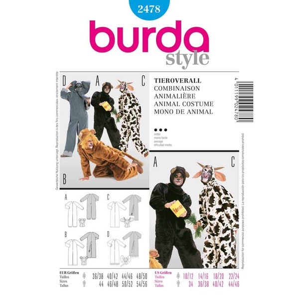Burda Sewing Pattern 2478 Animal Overall for Him and Her
