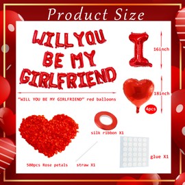 16 Inches Red 'WILL YOU BE MY GIRLFRIEND' Proposal Letter Balloons with Heart-Shaped Foil Balloons and Rose Petals for Romantic Special Night Decorations, Engagements, Proposals, and Valentine's Day