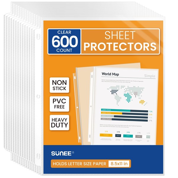 SUNEE 600 Packs Sheet Protectors for 3 Ring Binder, 8.5x11 Clear Plastic Page Sleeves for Paper, Documents, Certificate, Sheet Music, Recipe, File