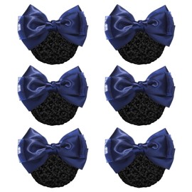 6 Pieces Stain Bowknot Hair Snood Net Women's Hair Bun Holder Covers Bow Decor Crocheted Hairnets Non-Slip Barrettes Hair Clips Hairpins with Elastic Mesh Net for Women Girls, Blue