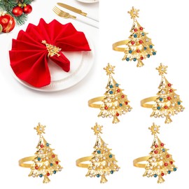 Minicoco 6 Pcs Christmas Napkin Rings Set Christmas Tree Napkin Rings Golden Napkin Rings Christmas Tree Napkin Buckles Holders Table Decor for Xmas Thanksgiving Wedding Birthday Party Dinner Supplies