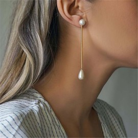 Allereya Vintage Long Pearl Earrings Boho Pearl Earrings Gold Long Bar Earrings Drop Pearl Earrings Jewellery for Women and Girls, Zinc, No Gemstone