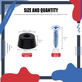 Hilitchi 50-Pcs Round Black Rubber Feet Bumpers Pads with Matching Screws with Built in Stainless Steel Washer for Cutting Board Amps Cabinet Desk Tables Couches(25×20×13mm)