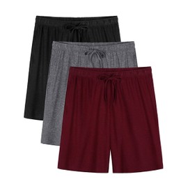 Wenouy 3 Pack Mens Pajama Shorts, Soft Sleep Shorts with Pockets Elastic Waist Drawstring Lounge Dry Fit Sleepwear Bottoms Black, Dark Gray, Mottled Red Medium