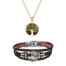 Cupimatch Men Tree of Life Symbol Pendant Necklace Leather Bracelet, Stainless Steel 22 inch Chian Jewelry Set (Brown)
