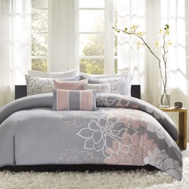 Madison Park Lola All Season Comforter Cover Bedding Set with Matching Shams, Decorative Pillows, King/Cal King, Grey/Blush, 6 Piece