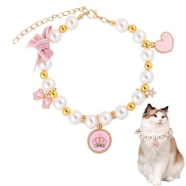 Pink Pearl Cat Collar with Bow, Dog Princess Bow Pearl Necklace for Dog Cat, Adjustable Jewelry Necklace for Small Pets Cats Wedding Party (S)