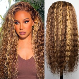 Highlight Ombre Lace Front Wigs Human Hair Honey Blonde Deep Wave 13x6 HD Transparent Lace Frontal Wigs Human Hair P4/27 Colored Curly Wig for Women 180% Density Glueless Pre Plucked 24 Inch Wig