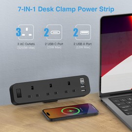 Desk Power Socket with USB C, ANVODE 3 Way Desktop Power Socket Extension with 4 USB (2 Type C), Desk Extension Lead 2M with Switch for Home Office (Black)