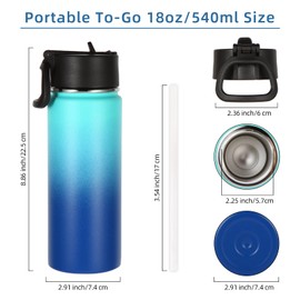 Volhoply 18oz Insulated Water Bottle Bulk 4 Pack,Kids Stainless Steel Water Bottles with Straw Lid,Double Wall Vacuum Metal Cups,Wide Mouth Reusable Sports Flask Keep Hot and Cold(Green Blue,4 Set)