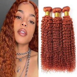 QEUOPE Ginger Kinkycurly Bundles Human Hair Color 350 Double Weft Brazilian Hair Extensions Burnt Orange Deep Curly Wet and Wavy Bundles Silky and Soft for Black Women 8 10 12 Inch