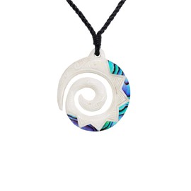 81stgeneration Women's Men's Hand Carved Bone Paua Maori Round Koru Engraved Pendant Necklace