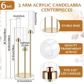 Layhit 6 Set 3 Arm Acrylic Candelabra Table Centerpiece Wedding Tall Floor Candle Holder with Shade Pillar Taper Candle Stand for Easter Dining Party Anniversary Fit 0.87 LED Candle(30.7",Gold)