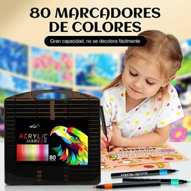 Plumones Acrilicos,80 Colores Plumones Punta de Pincel,Resistente al Agua,para Proyectos Creativos,De Dibujo Profesional y Para Niños Caligrafía,Bocetos,Dibujo (Negro2)