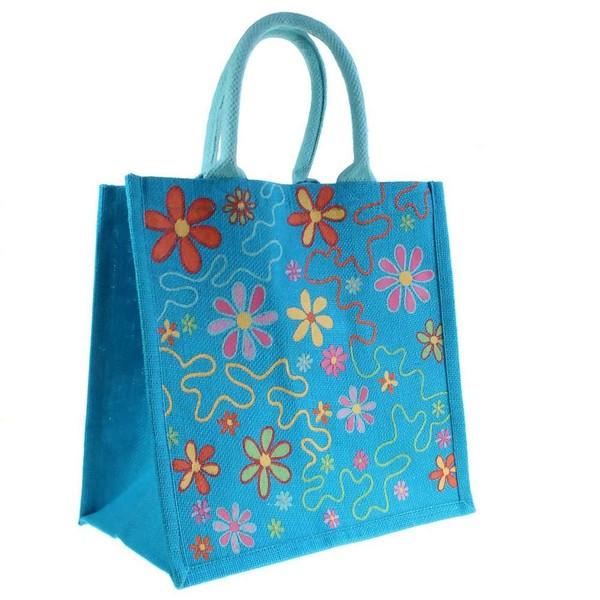 Shared Earth Jute Shopping Bag with Floral Print, 30 x