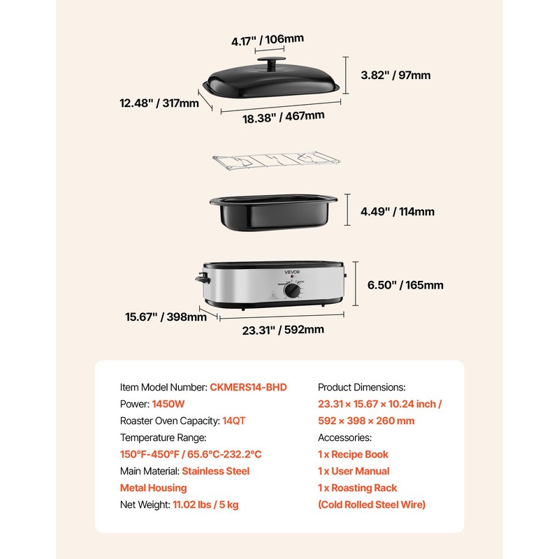 VEVOR Roaster Oven, 14QT Fast-Cooking Turkey Roaster, 150-450℉ Adjustable Temperature