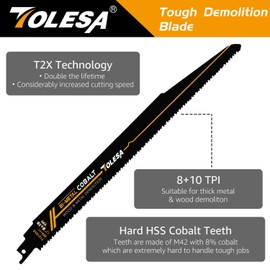 TOLESA Metal Wood Demolition Reciprocating Saw Blades 12 Inch 8+10TPI Sawzall Blades for Steel Pipe Cutting, Drywall, Chipboard, Glass Fiber-Reinforce Plastic and Composite Materials Demolition 5 Pack