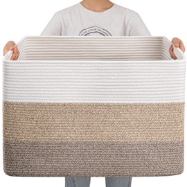 OIAHOMY 108L Super Large Blanket Basket, 25”x16”x16”(108L) Rectangle Woven Baskets for Storage, Cotton Rope Basket For Living Room, Toy Storage with Handle- Gradient Brown