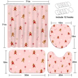 Mocsicka Pink Christmas Shower Curtain Set Xmas Candy Stars Cute Gingerbread-Man Snowflake Christmas Bathroom Decor Accessory Set with Non-Slip Washable Bath Rugs Toilet Lid Cover