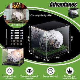 Kigley LED Football Helmet Display Case LED Tricolor Light Strip Full Size Acrylic Helmet Display Case with Mirrored Back with Turf Grass UV Protected Helmet Holder Base for Memorabilia Collectibles