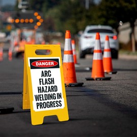 OSHA Danger Arc Flash Hazard Welding in Progress Sidewalk Sign Kit, 10x16 Inches, with A Frame Stand, Made in USA