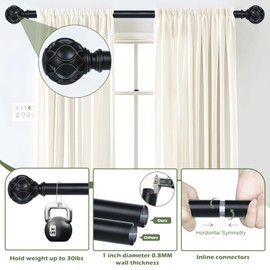 HTZON Black Curtain Rods for Windows:Farmhouse Boho Decorative Curtain Rod for Bedroom Living Room,Heavy Duty Adjustable Rustic Drapery Rods Set with Vintage Coastal Texture Finial,Matte Black 66-120"
