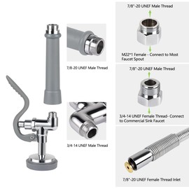 Spray Valve with Pre Rinse Hose 60" Flexible Stainless Steel Commercial Hose with 1.42 GPM High Pressure Sprayer, Replacement Kit for Commercial Kitchen Sink Faucet, Grey