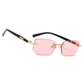 MEGAVOW Frameless Rectangle Sunglasses, Glasses Strap, Vintage Retro Glasses for Men and Women, Diamond Cut Lenses, Gafas de Sol with Tinted, Classic, Square, pink