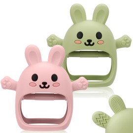 Easter 2 Pack Baby Teething Toy for 0-6 6-12 Months, Silicone Bunny Teething Mitten, Anti Dropping Wrist Hand Baby Teethers 0 3 6 9 12 Months for Babies Sucking Needs, Easter Basket Stuffers Gifts