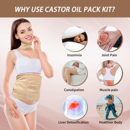 Castor Oil Pack Wrap, 3 Pcs Reusable Organic Cotton Pack Kit for Neck Waist Belly, Castor Oil Compress Pads with Adjustable Elastic Straps